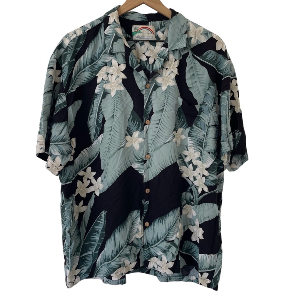 VTG Paradise Found Shirt L Hawaiian Tropical Floral Leaf Aloha Beachy Button Up